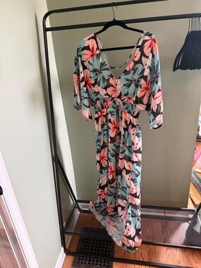 Floral V-Neck Maxi Dress in Coral and Teal